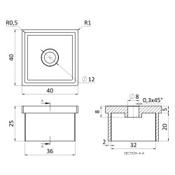 Ukončenie na jokel 40 x 40 mm, brúsená nerez AISI 304 Ukončenie na jokel 40 x 40 mm, brúsená nerez AISI 304